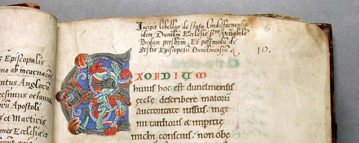 Detail of a manuscript written in Durham between 1104 and 1115, about Durham. This is Symeon of Durham's   Tract on the Origins and Progress of this the Church of Durham. It is now in the collection of Durham University Library.